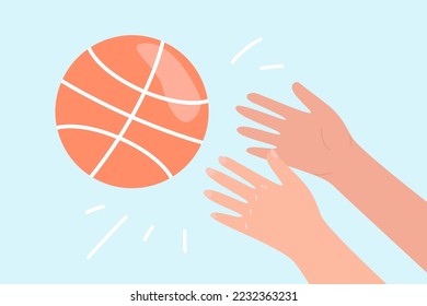 Hands throwing or catching basketball ball on blue background. Person playing team sports game flat vector illustration. Sports, active lifestyle, competition concept for banner or landing web page