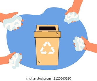 Hands throwing crumpled paper waste in recycle container. People cleaning environment from trash pollution flat vector illustration. Cleanliness concept for banner, website design or landing web page