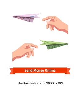 Hands throwing a dollar and euro paper planes. Light-minded investment. Flat vector icon.