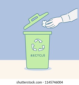 Hands throwing garbage into recycling bin. hand drawn style vector design illustrations.