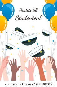 Hands throwing graduation cap in the air greeting card poster vector illustration. Swedish Translation: " Congratulations on graduation! "	
