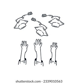 Hands throwing graduation cap up hand drawn. Student celebration graduated line drawing cartoon vector illustration