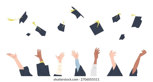 Hands throwing graduation caps in celebration. Cartoon style vector illustration.