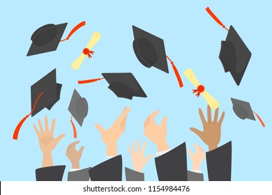 Hands throwing graduation caps and diploma in the air. Celebration of university or school graduation. Isolated flat vector illustration