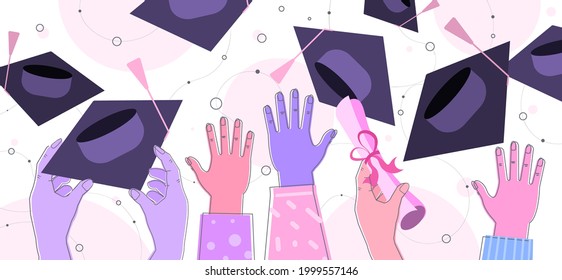 hands throwing hats graduates celebrating academic diploma degree education university certificate concept