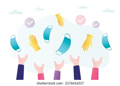 Hands throwing masks and gloves into sky. Happy people throw protective equipment up. Characters rejoice at end of global pandemic. Cancellation of wearing medical masks. Flat Vector illustration