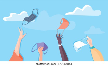 Hands throwing masks into the sky symbolizing freedom and liberation from the disease and the virus. End of quarantine and mask mode. Healthy people. Life after quarantine. Vector illustration