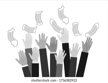 Hands throwing up medical masks, celebrating win over coronavirus covid-19. Celebrating victory over nCoV virus. Ending pandemic quarantine. Vector concept illustration.