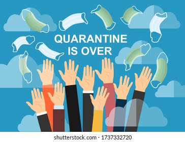 Hands throwing up medical masks, celebrating win over coronavirus covid-19. Celebrating victory over nCoV virus. Ending pandemic quarantine. Vector concept illustration.