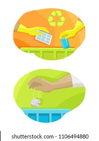 Hands throwing trash away in bin, garbage and recycling sign, paper plastic disposal, set of images vector illustration isolated on white background
