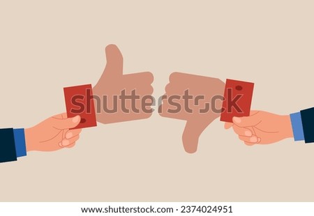Hands with  thumb up and down. Conflict and argument between colleagues on difference thumb up and down. Flat vector illustration