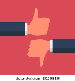 Hands Thumb Up And Thumb Down, Like, Dislike Sign Symbol. Cartoon Flat Vector Illustration.