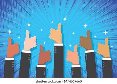 Hands with thumb up on comic style background. Good feedback from business people. Group ethnic. Positive rating. communication concept vector illustration