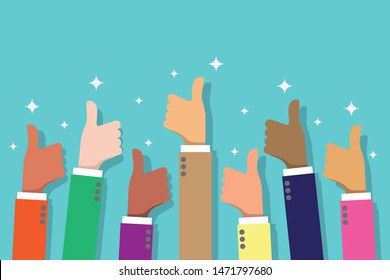 Hands with thumb up. Good feedback from business people. Group ethnic. Positive rating. communication concept vector illustration