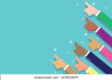 Hands with thumb up. Good feedback from business people. Colourful suit. Positive rating. communication concept vector illustration