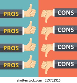 Hands with thumbs up and thumbs down. Pros and cons concept. Modern flat design graphic concepts for web banners, web sites, printed materials, infographics. Creative vector illustration