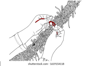 Hands tie the red rope, Pray for Love with red silk rope, Valentine's day