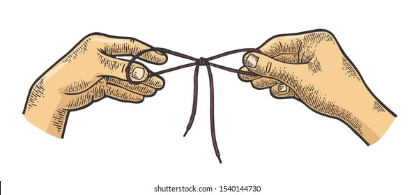 Hands tie shoelaces sketch engraving vector illustration. Scratch board style imitation. Hand drawn image.