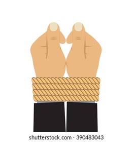 The hands tied by a rope.