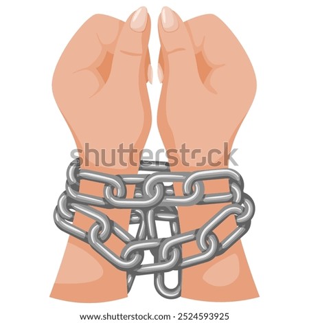 Hands tied with iron chain vector illustration. Handcuffed inactive person. Slavery, bondage, imprisonment, ban and arrest symbol. Restriction of freedom, dependency, confines of action concept