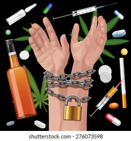 Hands tied a metal chain on a drugs background. Editable elements. Vector illustration