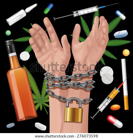Hands tied a metal chain on a drugs background. Editable elements. Vector illustration