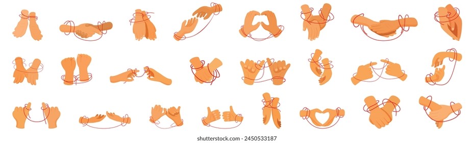 Hands tied red thread icons set cartoon vector. Female wrist. String shape