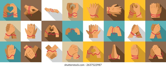  Hands tied red thread icons set. Red thread connecting hands, symbolizing various relationships, from friendship to marriage, in a flat design with long shadows