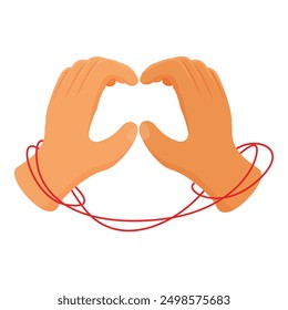 Hands tied with red thread are making heart shape, love and relationship concept