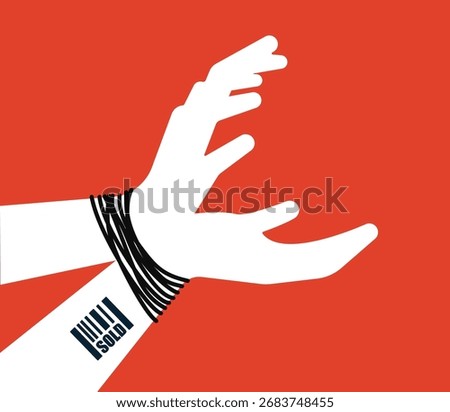 Hands tied with rope and barcode tattooed in hand, human trafficking concept illustration