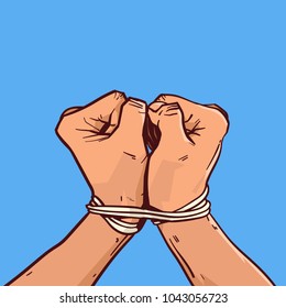 Hands Tied With Rope Isolated Colorful Sketch On Blue Background Vector Illustration