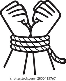 Hands tied to a rope on white background