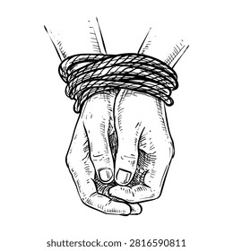 hands tied with a rope vector line art hand drawn illustration