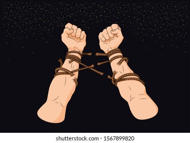 Hands tied with ropes. Vector illustration. Men's hands entwined with ropes. Strong hands