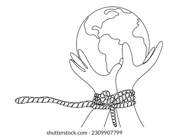 Hands tied together hold the planet. Torture victim. International Day in Support of Victims of Torture. One line drawing for different uses. Vector illustration.