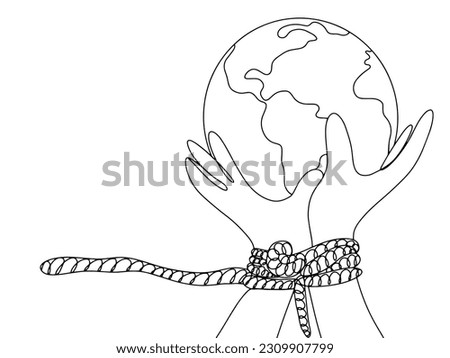 Hands tied together hold the planet. Torture victim. International Day in Support of Victims of Torture. One line drawing for different uses. Vector illustration.