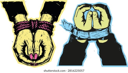 Hands tied together with rope representing bondage restraint imprisonment injustice oppression prisoner struggle limitation illustration violence