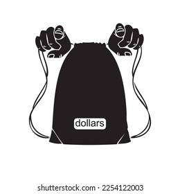 Hands tighten the ties at the bag with dollars. Vector illustration.