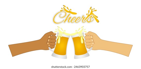 Hands toasting beer with animated cheers word using alex brush font. vector illustration isolated on white background.