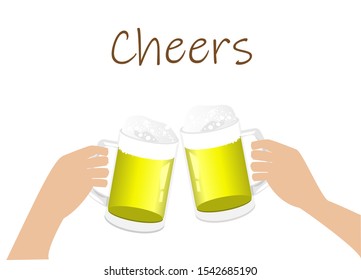 Hands toasting beer in glass mug. Isolated on white background with free copy space. Vector Illustration. Idea for celebrations and friend party.