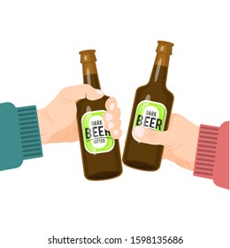Hands toasting with bottles of beer. Two hand are cheers with bottled beverage. Beers party, holiday vector illustration.