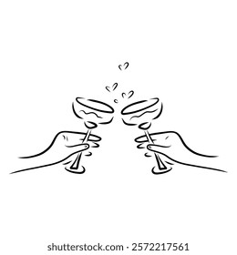 Hands toasting champagne glasses, Hand drawn clinking glasses, Cheers, bubbles in the shape of heart, doodle drawing