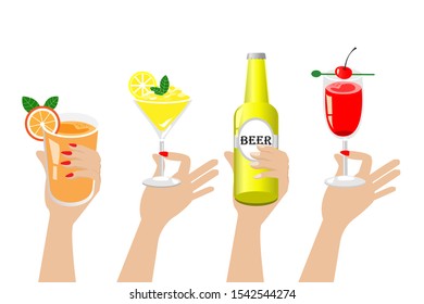 Hands toasting decorated colorful tropical refreshment cocktails and beer bottle. Isolated on white background. Vector Illustration. Idea for celebrations and cocktails party.