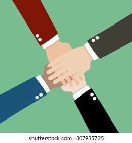 Hands together. Brainstorm teamwork ideas concept