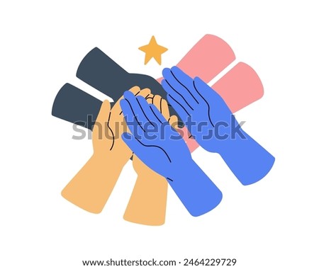 Hands together in connection for common dream, star symbol. Hope, dream concept. United palms in support, trust, care, protection and support. Flat vector illustration isolated on white background