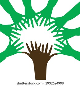 Hands together forming a tree vector illustration. Sustainability concept.