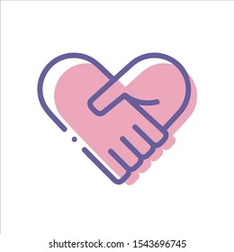 Hands together. Heart symbol. Vector illustration. Line icon isolated on white background