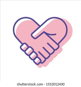 Hands together. Heart symbol. Vector illustration. Line icon isolated on white background