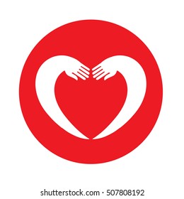 Hands together. Heart symbol. Vector illustration. Donation idea. Valentines day concept. Cardio medical Health Logotype.