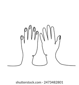 Hands together  for help two human hands in single line art drawing style.